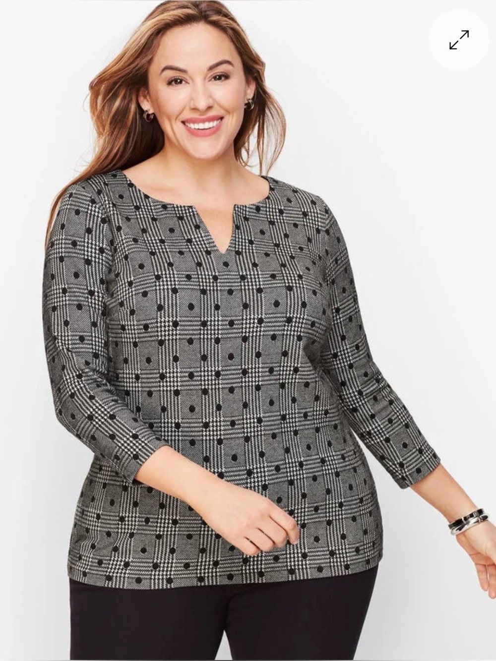 Talbots Black & Gray Plaid Dot Notch-Neck 3/4 Sleeve Top Size 3X